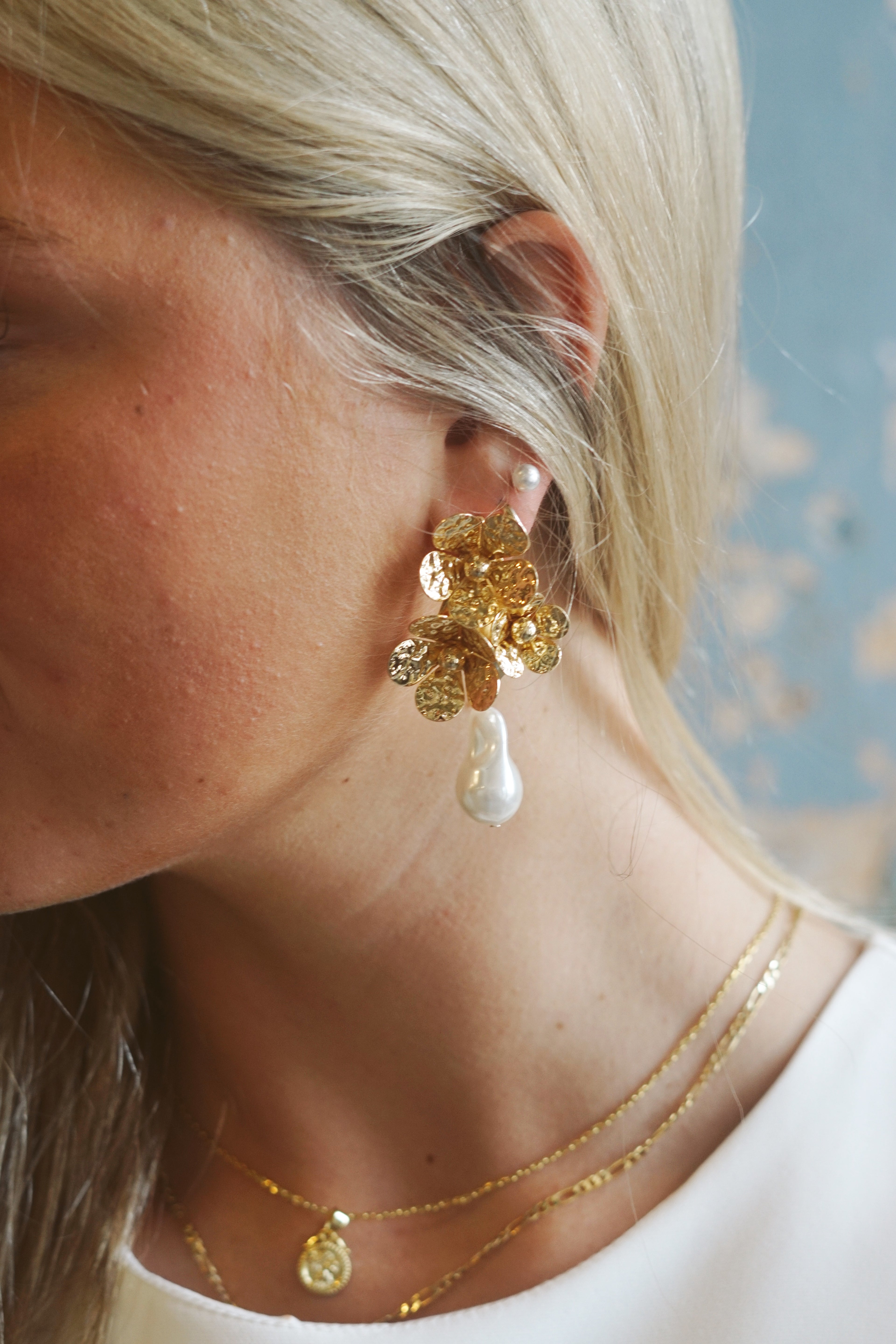 Floral and Pearl Drop Earrings